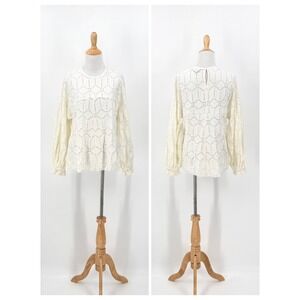 PFEIFFER Crochet Top Women XS White Eyelet Crochet Lace Geometric Long Sleeve
